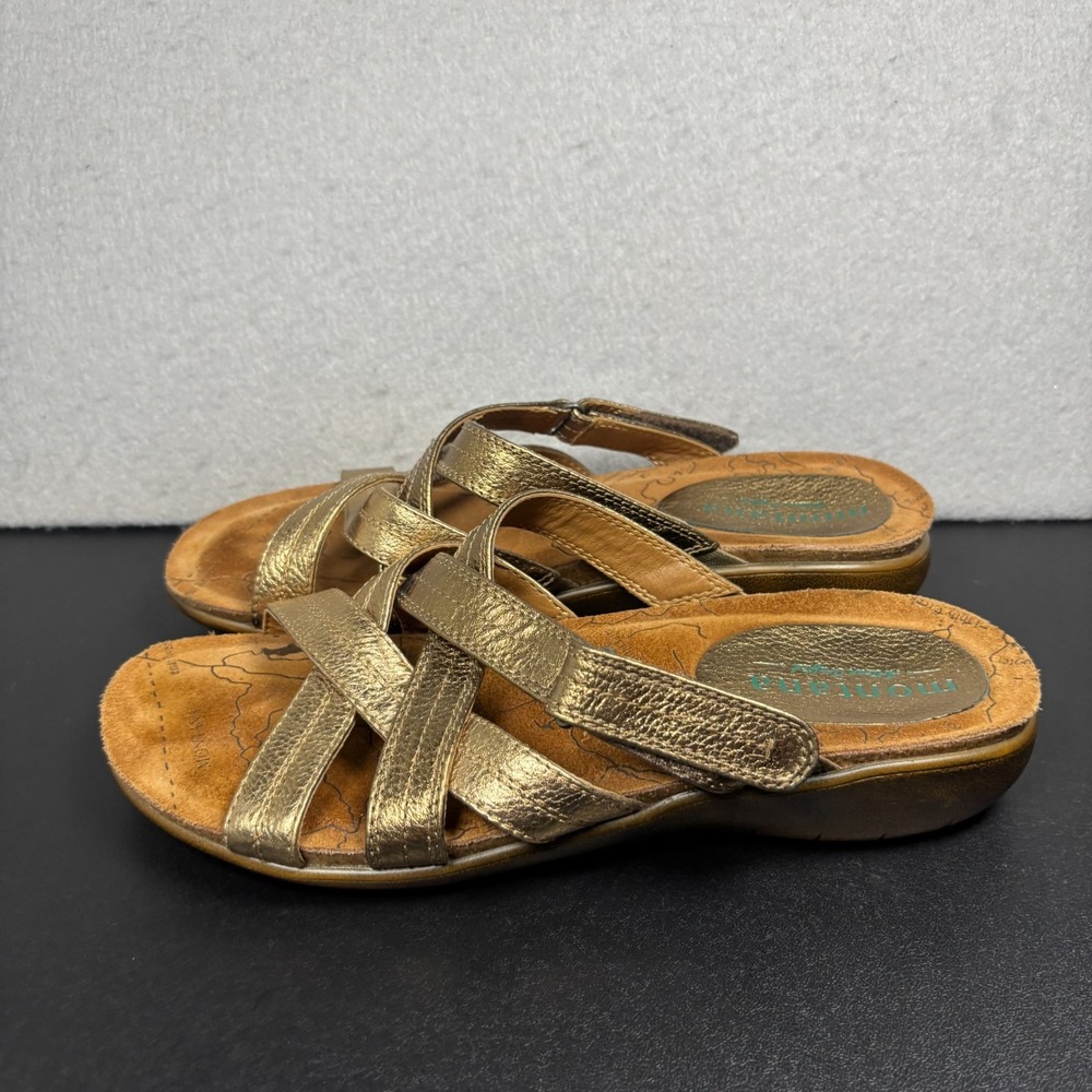 Montana Gold Leather Strappy Sandals Women Size 9 M Adjustable Comfort Slip On